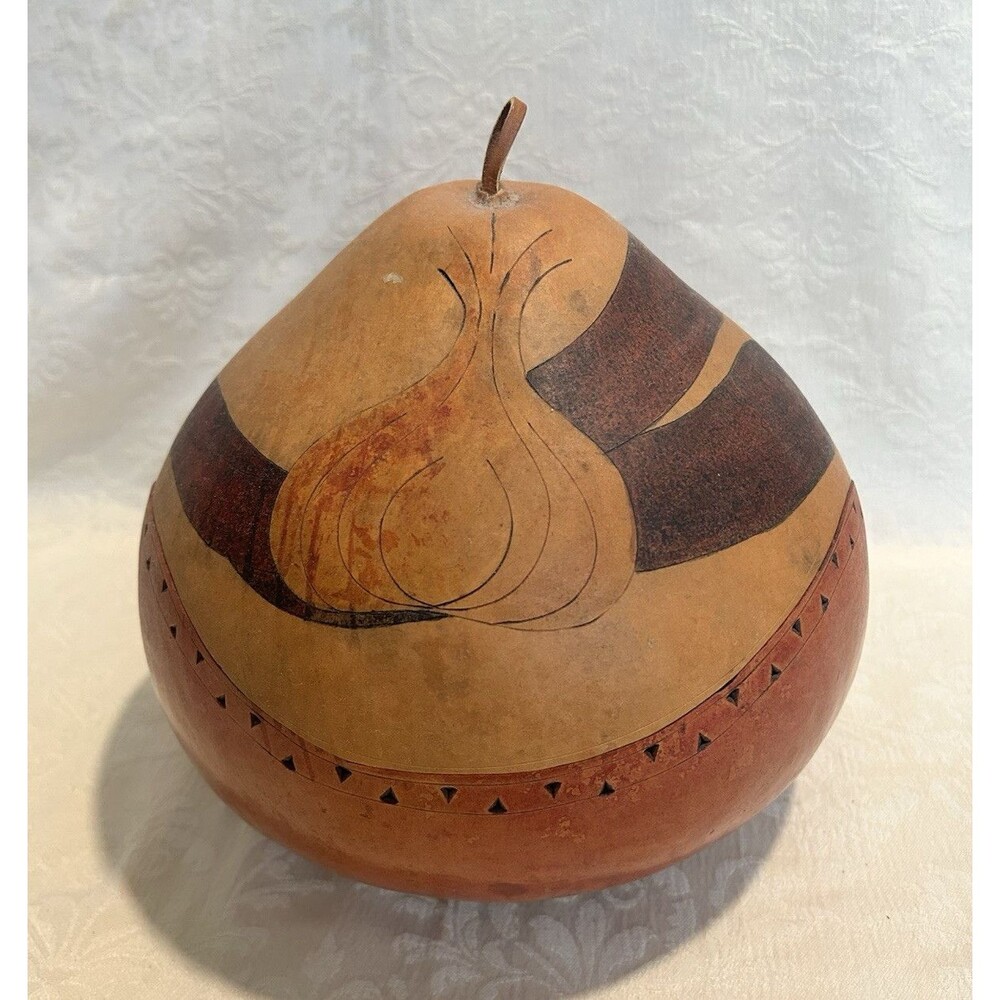 Vtg Stone Heat Studios Hand-Carved Lidded Gourd Vessel - Southwestern Folk Art